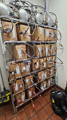 BIB Beverage syrup rack for soda system in kitchen backroom